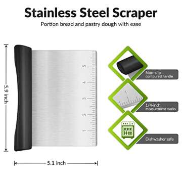 Rainspire Bench Scraper, Stainless Steel Dough Scraper, Pastry Scraper, Pizza and Dough Cutter Multi...