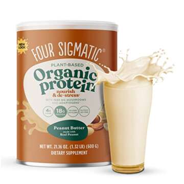 Four Sigmatic Organic Plant-Based Protein Powder Bundle with Peanut Butter, Vanilla Flavors, Mushroo...