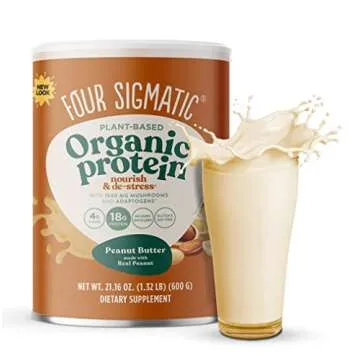 Four Sigmatic Organic Plant-Based Protein Powder Bundle with Peanut Butter, Vanilla Flavors, Mushroo...