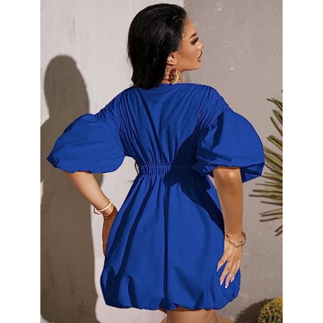 WDIRARA Deep V Neck Puff Sleeve Dress in Royal Blue