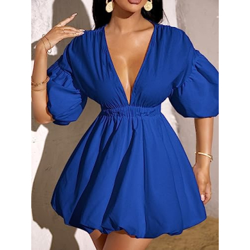 WDIRARA Deep V Neck Puff Sleeve Dress in Royal Blue