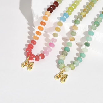 KissYan Colorful Beaded Gemstone Initial Necklace