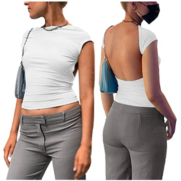 ForeFair Women Sexy Backless Top Open Back Short Sleeve Shirts Cute Slim Fit Crewneck Summer Casual ...