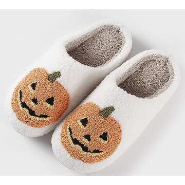 HIPINISS Halloween Slippers Pumpkin Slippers for Women Men Halloween Spooky Lantern Pumpkin Plush Warm Slippers Indoor Outdoor Memory Foam House Home Winter Shoes,Pumpkin White 37-38