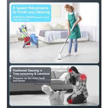 Electric Spin Scrubber Cordless Scrubber: Tub and Tile Scrubber with 6 Replaceable Brush Heads, Shower Cleaning Brush with LED Display & 2 Speeds Adjustment for Bathroom Kitchen Floor