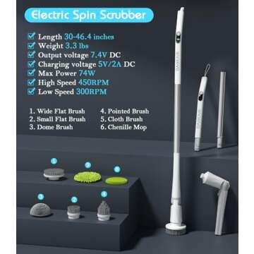 Electric Spin Scrubber Cordless Scrubber: Tub and Tile Scrubber with 6 Replaceable Brush Heads, Shower Cleaning Brush with LED Display & 2 Speeds Adjustment for Bathroom Kitchen Floor