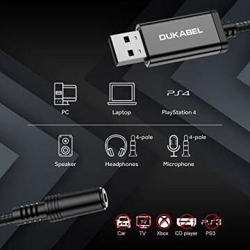 DUKABEL USB to 3.5mm Jack Audio Adapter, USB to Aux Cable with TRRS 4-Pole Mic-Supported USB to Head...