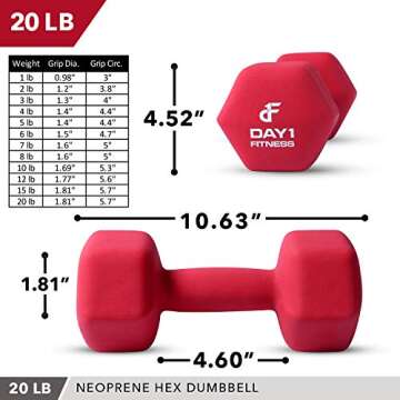 Neoprene Dumbbell Pairs by Day 1 Fitness – 20 Pounds - Non-Slip, Hexagon Shape, Color Coded, Easy ...