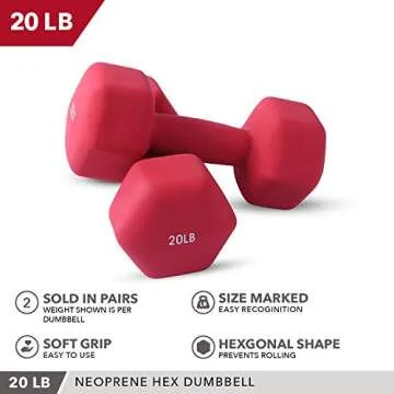 Neoprene Dumbbell Pairs by Day 1 Fitness – 20 Pounds - Non-Slip, Hexagon Shape, Color Coded, Easy To Read Hand Weights for Muscle Toning, Strength Building, Weight Loss