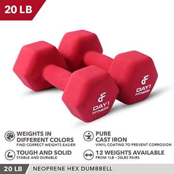 Neoprene Dumbbell Pairs by Day 1 Fitness – 20 Pounds - Non-Slip, Hexagon Shape, Color Coded, Easy To Read Hand Weights for Muscle Toning, Strength Building, Weight Loss