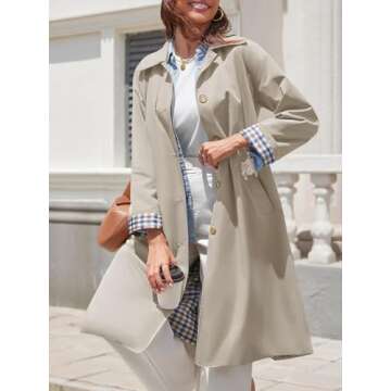 Tankaneo Womens Long Trench Coat Single Breasted Oversized Windproof Overcoat Fashion Outerwear