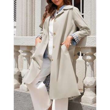 Tankaneo Womens Long Trench Coat Single Breasted Oversized Windproof Overcoat Fashion Outerwear