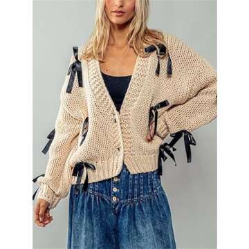 Thopavenoir Women's Y2k Bow Trim Cardigan Sweaters Long Sleeve Button Down Cable Knit Jacket Oversiz...