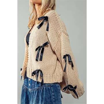 Thopavenoir Women's Y2k Bow Trim Cardigan Sweaters Long Sleeve Button Down Cable Knit Jacket Oversized Pullover Coats Knitwear (Khaki, L)