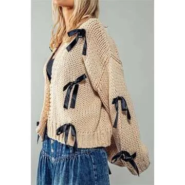 Thopavenoir Women's Y2k Bow Trim Cardigan Sweaters Long Sleeve Button Down Cable Knit Jacket Oversized Pullover Coats Knitwear (Khaki, L)