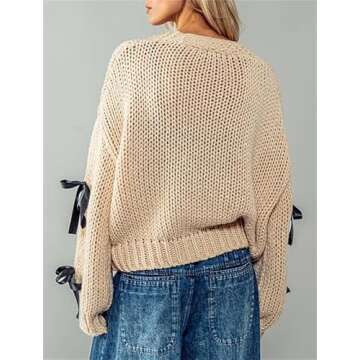 Thopavenoir Women's Y2k Bow Trim Cardigan Sweaters Long Sleeve Button Down Cable Knit Jacket Oversized Pullover Coats Knitwear (Khaki, L)