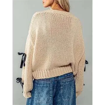 Thopavenoir Women's Y2k Bow Trim Cardigan Sweaters Long Sleeve Button Down Cable Knit Jacket Oversized Pullover Coats Knitwear (Khaki, L)