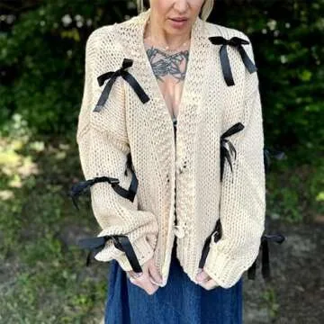 Thopavenoir Women's Y2k Bow Trim Cardigan Sweaters Long Sleeve Button Down Cable Knit Jacket Oversized Pullover Coats Knitwear (Khaki, L)