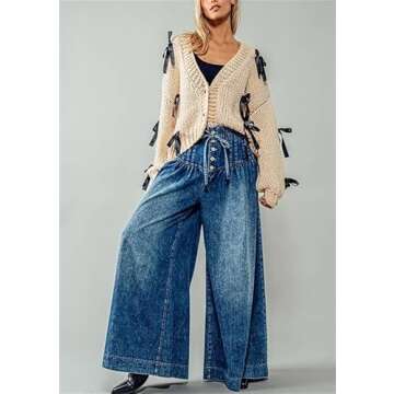 Thopavenoir Women's Y2k Bow Trim Cardigan Sweaters Long Sleeve Button Down Cable Knit Jacket Oversized Pullover Coats Knitwear (Khaki, L)