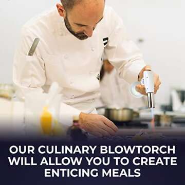 Jo Chef FireClick Creme Brulee Torch – 2,370°F Food Torch with Safety Switch, One-Hand Use, Refillable Adjustable Flame Lighter with Safety Lock for BBQ, Baking, Brulee Creme – 1 Butane Can Included