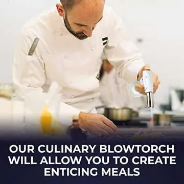 Jo Chef FireClick Creme Brulee Torch – 2,370°F Food Torch with Safety Switch, One-Hand Use, Refillable Adjustable Flame Lighter with Safety Lock for BBQ, Baking, Brulee Creme – 1 Butane Can Included