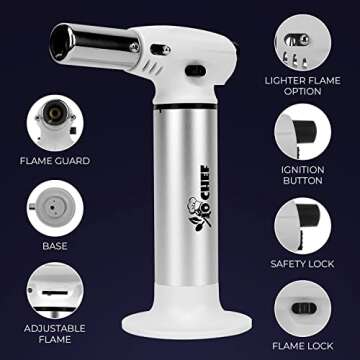 Jo Chef FireClick Creme Brulee Torch – 2,370°F Food Torch with Safety Switch, One-Hand Use, Refillable Adjustable Flame Lighter with Safety Lock for BBQ, Baking, Brulee Creme – 1 Butane Can Included