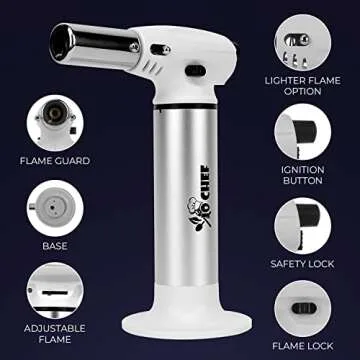 Jo Chef FireClick Creme Brulee Torch – 2,370°F Food Torch with Safety Switch, One-Hand Use, Refillable Adjustable Flame Lighter with Safety Lock for BBQ, Baking, Brulee Creme – 1 Butane Can Included