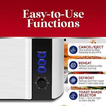 Elite Gourmet ECT-3100# Long Slot 4 Slice Toaster, Reheat, 6 Toast Settings, Defrost, Cancel Functions, Built-in Warming Rack, Extra Wide Slots for Bagels Waffles, Stainless Steel & Black