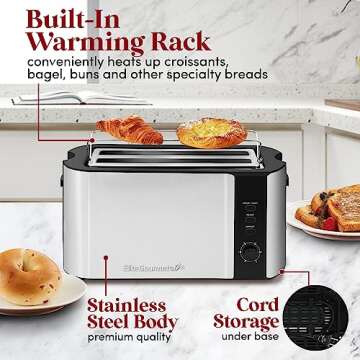 Elite Gourmet ECT-3100# Long Slot 4 Slice Toaster, Reheat, 6 Toast Settings, Defrost, Cancel Functions, Built-in Warming Rack, Extra Wide Slots for Bagels Waffles, Stainless Steel & Black