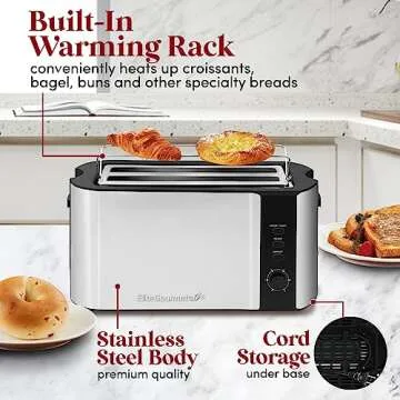 Elite Gourmet ECT-3100# Long Slot 4 Slice Toaster, Reheat, 6 Toast Settings, Defrost, Cancel Functions, Built-in Warming Rack, Extra Wide Slots for Bagels Waffles, Stainless Steel & Black