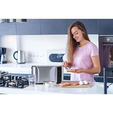 Elite Gourmet ECT-3100# Long Slot 4 Slice Toaster, Reheat, 6 Toast Settings, Defrost, Cancel Functions, Built-in Warming Rack, Extra Wide Slots for Bagels Waffles, Stainless Steel & Black