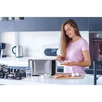 Elite Gourmet ECT-3100# Long Slot 4 Slice Toaster, Reheat, 6 Toast Settings, Defrost, Cancel Functions, Built-in Warming Rack, Extra Wide Slots for Bagels Waffles, Stainless Steel & Black
