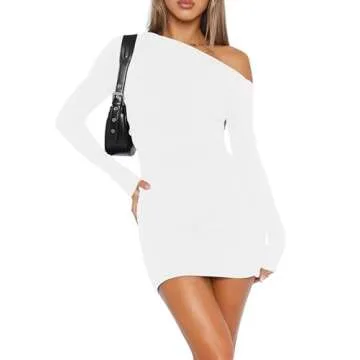 Mokoru Women's Sexy Elegant Off Shoulder Long Sleeve Ruched Bodycon Cocktail Party Mini Dresses, Small, White