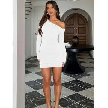 Mokoru Women's Sexy Elegant Off Shoulder Long Sleeve Ruched Bodycon Cocktail Party Mini Dresses, Small, White
