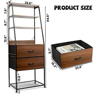 CONNOO 6-Tier Bookshelf, Tall Bookcase with 2 Storage Drawer Ladder Shelves Nightstand, Industrial Display Standing Open Storage Cabinet for Living Room, Bedroom, Office
