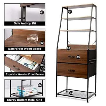 CONNOO 6-Tier Bookshelf, Tall Bookcase with 2 Storage Drawer Ladder Shelves Nightstand, Industrial Display Standing Open Storage Cabinet for Living Room, Bedroom, Office