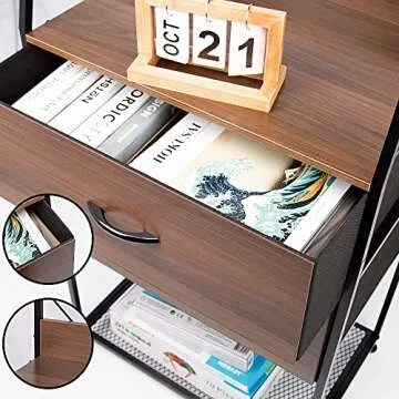 CONNOO 6-Tier Bookshelf, Tall Bookcase with 2 Storage Drawer Ladder Shelves Nightstand, Industrial Display Standing Open Storage Cabinet for Living Room, Bedroom, Office