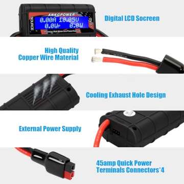 ANKG 150A Watt Meter Power Analyzer, High Precision RC with Digital LCD Screen&2 Sets of 45amp Power Pole Connectors for Voltage (V) Current (A) Power (W) Charge(Ah) and Energy (Wh) Measurement