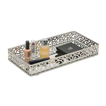Home Details Leaf Design Mirrored Vanity Tray | Dresser | Perfume | Desk | Cosmetic | Jewelry Organizer | Decorative | Satin Silver