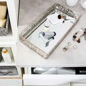 Home Details Leaf Design Mirrored Vanity Tray | Dresser | Perfume | Desk | Cosmetic | Jewelry Organizer | Decorative | Satin Silver