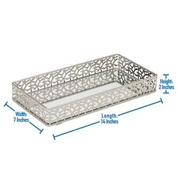 Home Details Leaf Design Mirrored Vanity Tray | Dresser | Perfume | Desk | Cosmetic | Jewelry Organizer | Decorative | Satin Silver