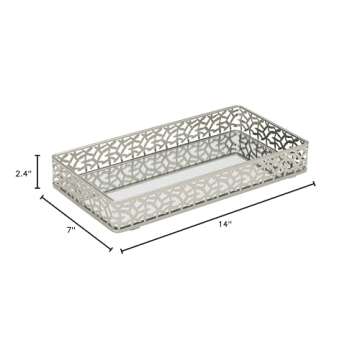 Home Details Leaf Design Mirrored Vanity Tray | Dresser | Perfume | Desk | Cosmetic | Jewelry Organizer | Decorative | Satin Silver