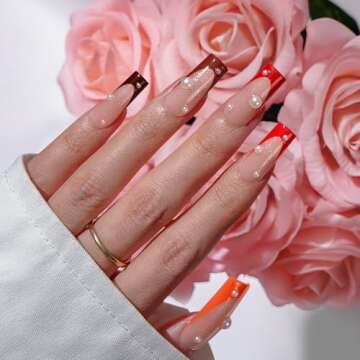 BTArtboxnails XCOATTIPS French Tip Press on Nails - Red Press On Nails Square, Valentines Long Fake ...