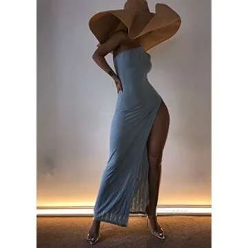 XLLAIS Summer Dresses for Women Beach Sexy Ribbed Side Slit Bodycon One Shouler Maxi Dress Beachwear Blue Small