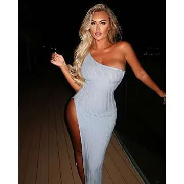 XLLAIS Summer Dresses for Women Beach Sexy Ribbed Side Slit Bodycon One Shouler Maxi Dress Beachwear Blue Small