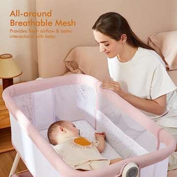 ANGELBLISS Baby Bassinet Bedside Sleeper, Easy Folding Portable Bassinet for Baby Girl with Wheels, Adjustable Height, Included Mattress (Pink)