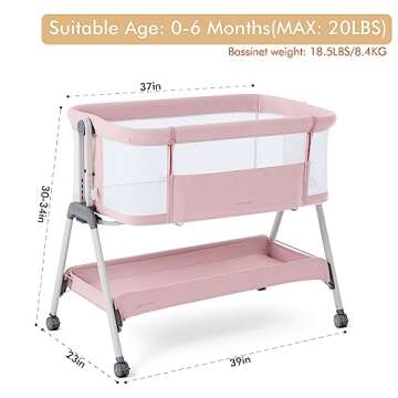 ANGELBLISS Baby Bassinet Bedside Sleeper, Easy Folding Portable Bassinet for Baby Girl with Wheels, Adjustable Height, Included Mattress (Pink)