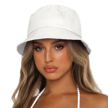Sydbecs Bucket Hat for Women Men, Reversible Cotton Summer Sun Beach Cap Solid Color Style (White)