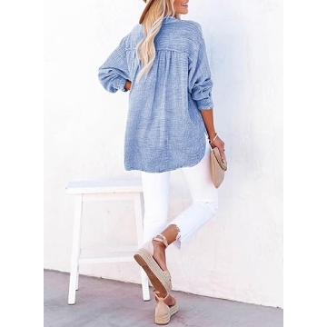 Dokotoo Womens Tops Fashion Cotton Long Sleeve Shirts for Women Button V Neck Side Slit Blouses Basic Ladies Work Office Dressy Casual Soft Loose Fit Tunic Top Sky Blue Small
