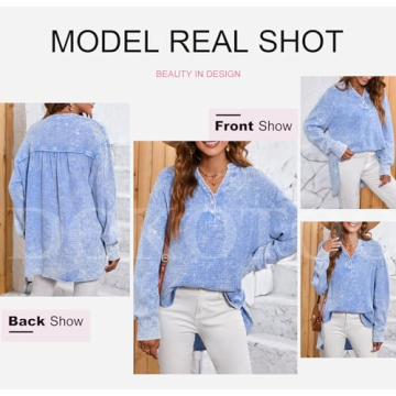 Dokotoo Womens Tops Fashion Cotton Long Sleeve Shirts for Women Button V Neck Side Slit Blouses Basic Ladies Work Office Dressy Casual Soft Loose Fit Tunic Top Sky Blue Small